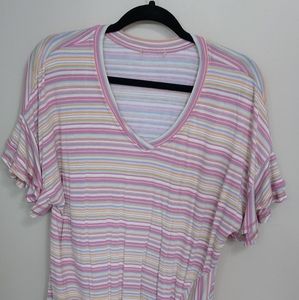 Pink striped top, gathered at bottom, cute sleeve details.